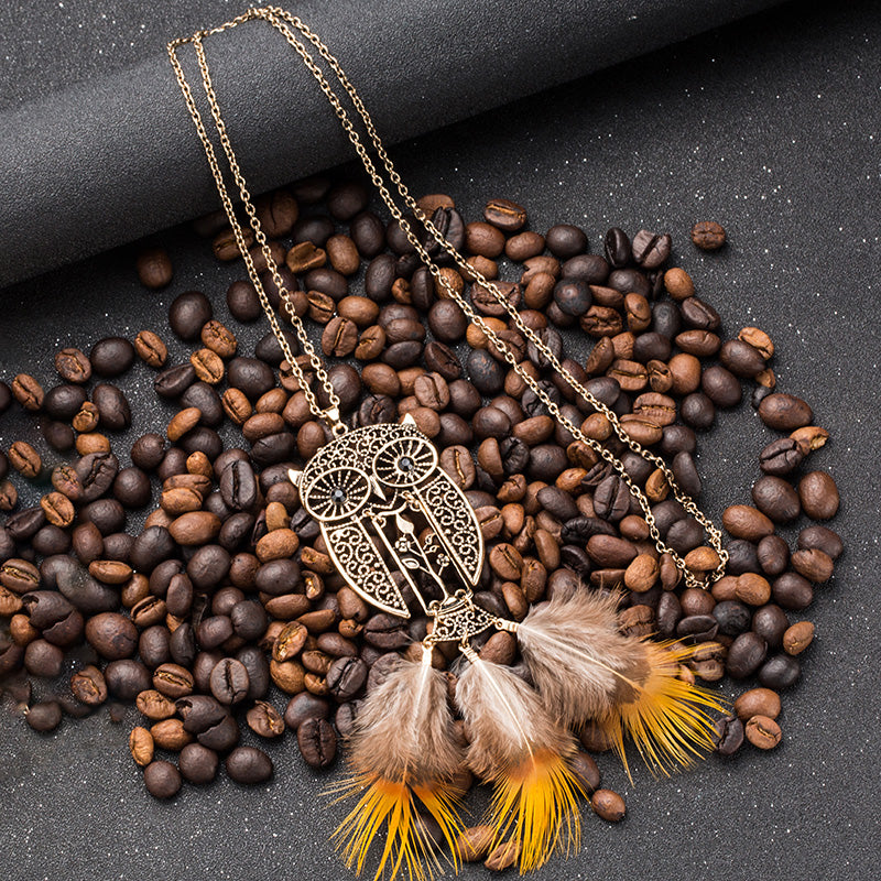 Vintage Ethnic Rhinestone Natural Feather Owl Long Necklace NN