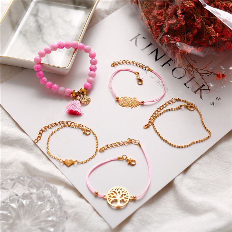Bohemian Multilayer Pink Beaded Wish Tree Charm Bracelets Neshe