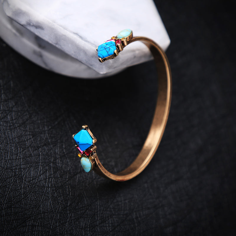 Antique Gold Color Blue Stone Statement Open Bangle Bracelet
