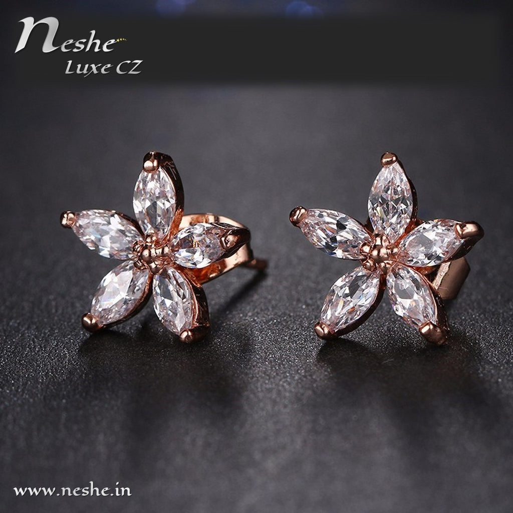 Clear CZ Trendy Roe Gold Flower Stud Earring