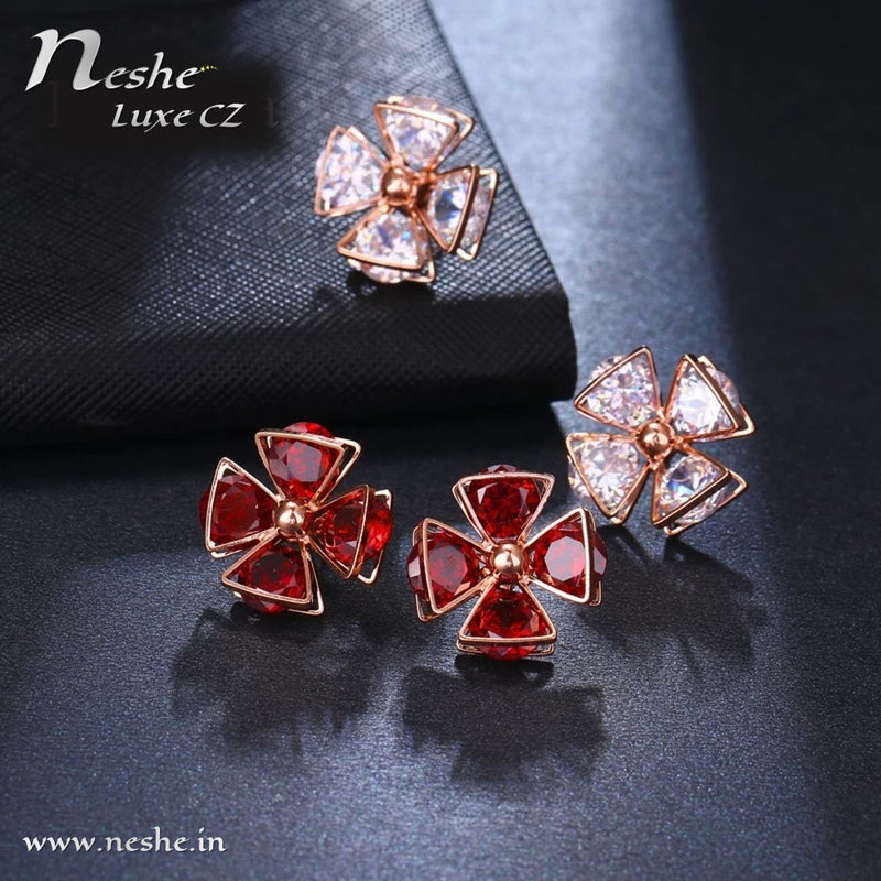 Flower Shape Red CZ Crystal Geometric Stud Earrings