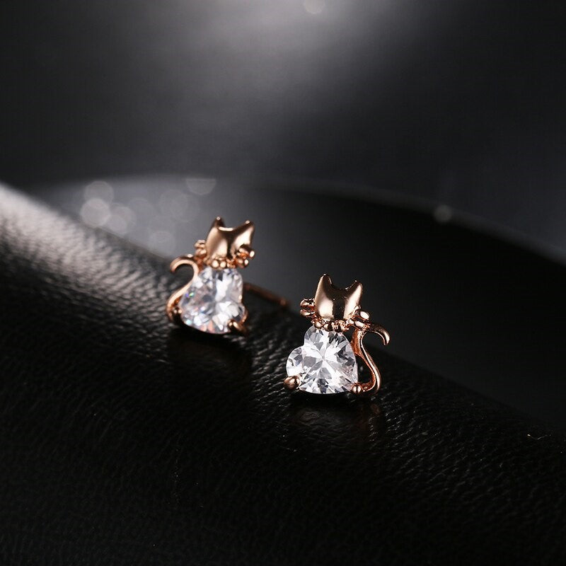 Small Rose Gold Heart CZ Sterling Silver Cat Stud Earring Neshe