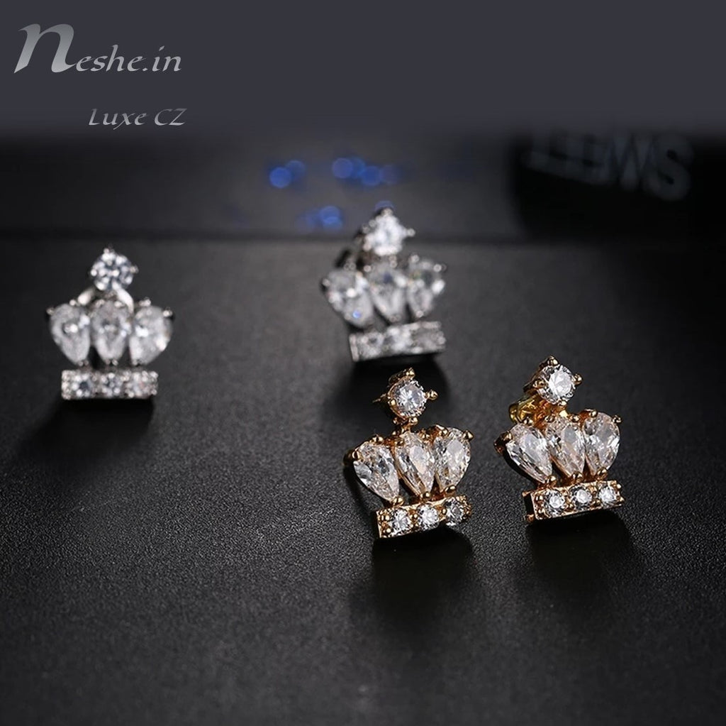Cute Lovely Golden CZ Crystal Crown Stud Earrings Neshe Fashion