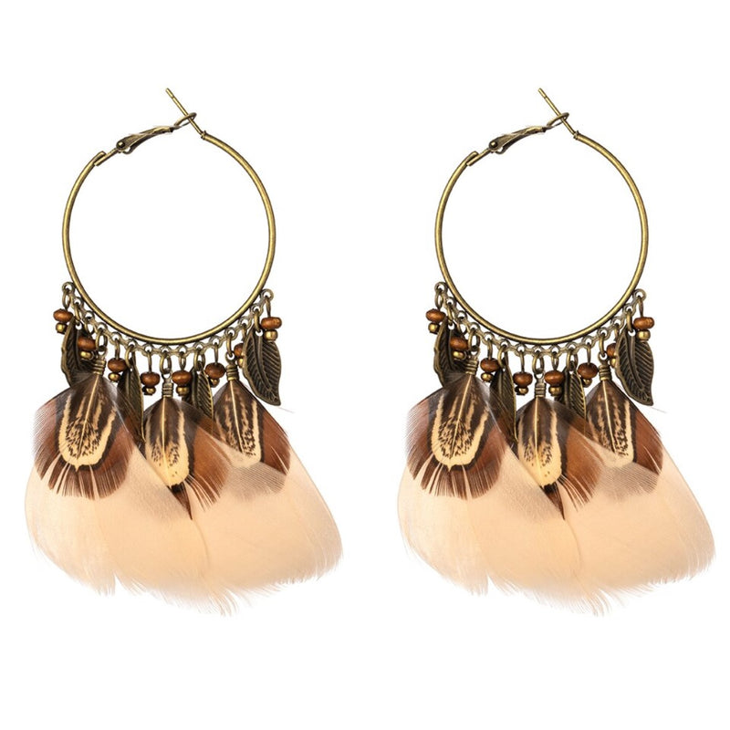 Ethnic Charm Hanging Drop Natural Feather Earrings