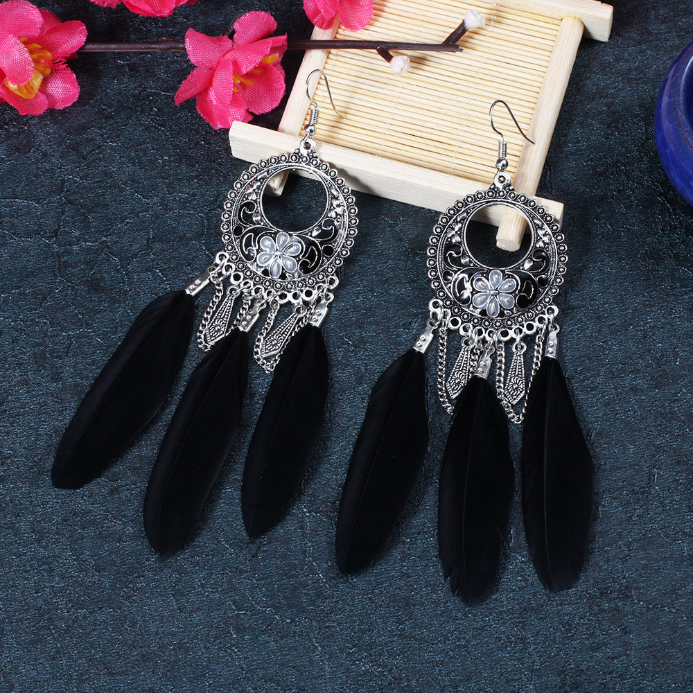 Enamel based Long Feather Drop Earrings 3 Colors Neshe Fashion