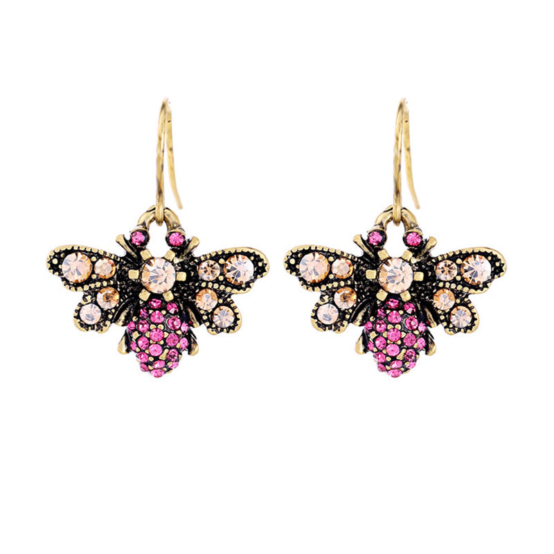 Cute Small Crystal Pink Bee Insect Drop Earring Neshe Fashion