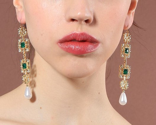 Green Crystal Long Drop Hollow Earrings Neshe Fashion Jewelry