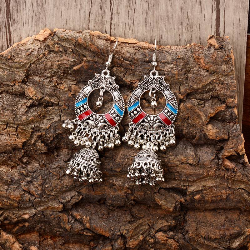 Ethnic Egyptian Silver Alloy Tassel Colorful Jhumka Earrings