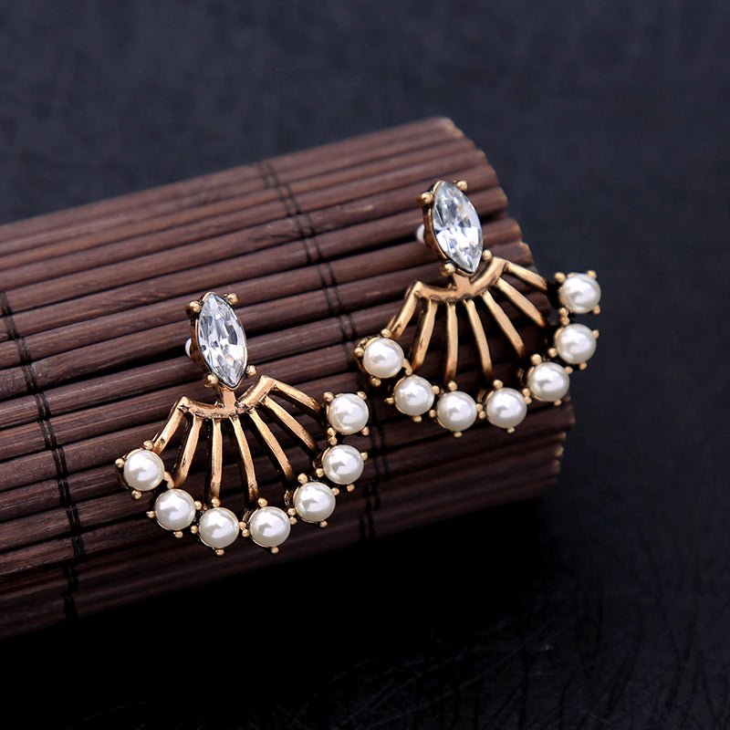 Crystal Pearl Fan Shape Jacket 2 in 1 Convertible Earrings Neshe