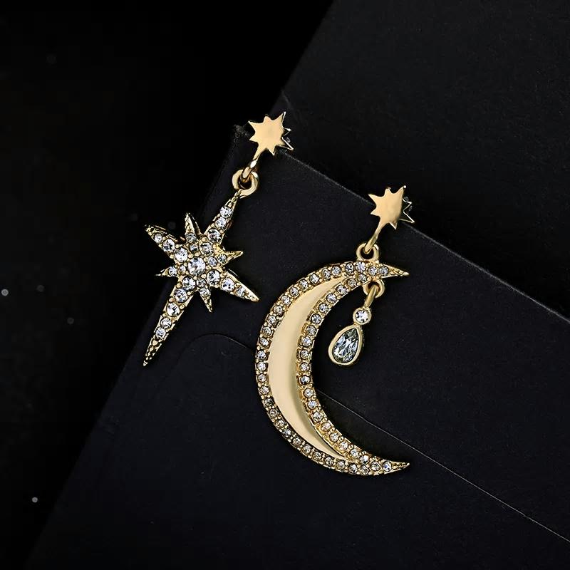 Golden Moon Star Crescent Asymmetric Dangle Earrings Neshe Fashion Jewelry