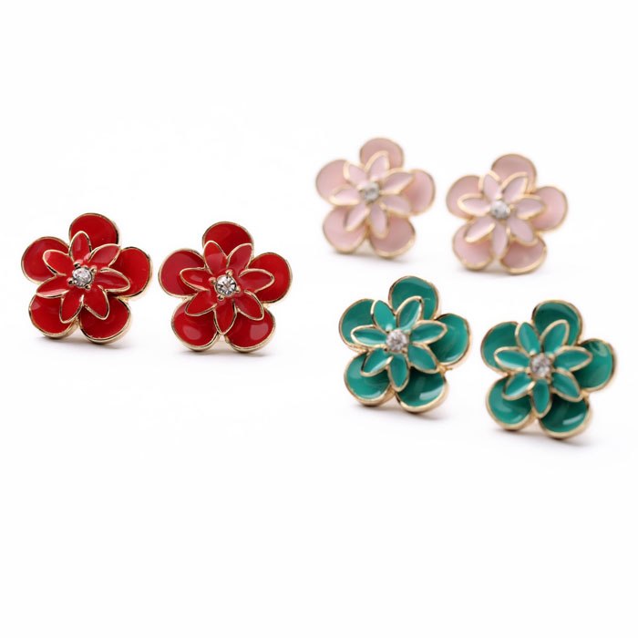 Red and Green Elegant Enamel Flower Stud Earrings Neshe Fashion