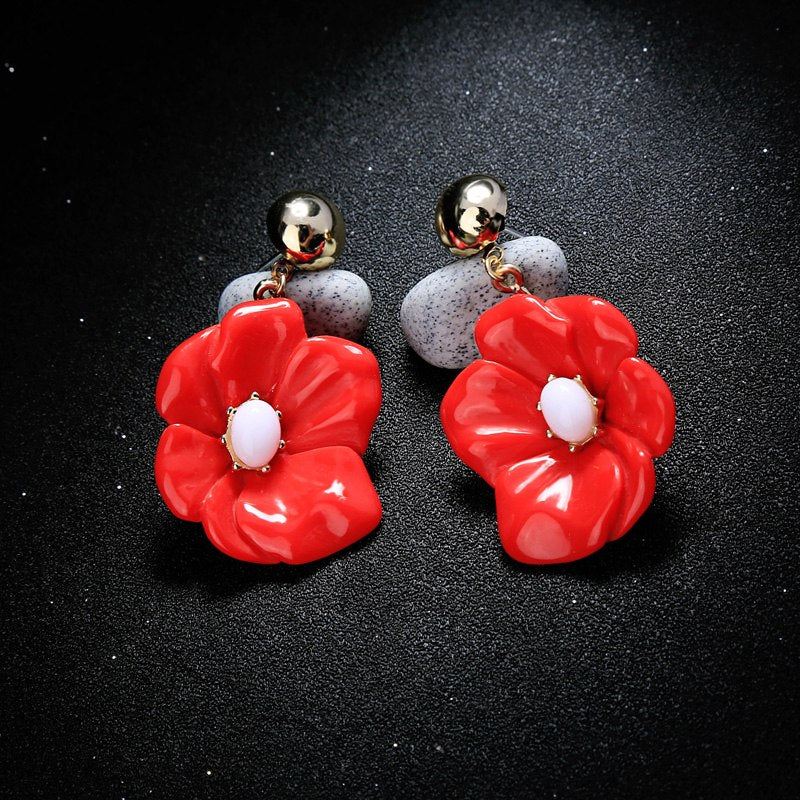 Acrylic Red Rose Flower Dangle Drop Earring Neshe Fashion Jewelry