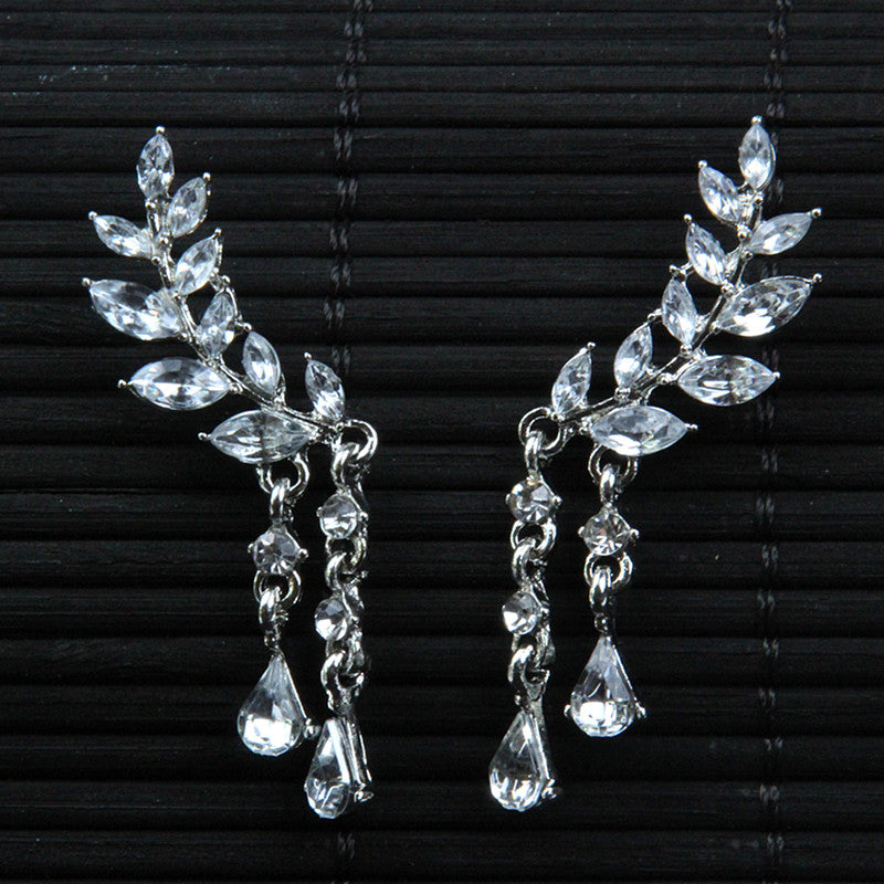 Crystal Leaves Silver Stud Drop Hanging Earrings Neshe Fashion Jewelry