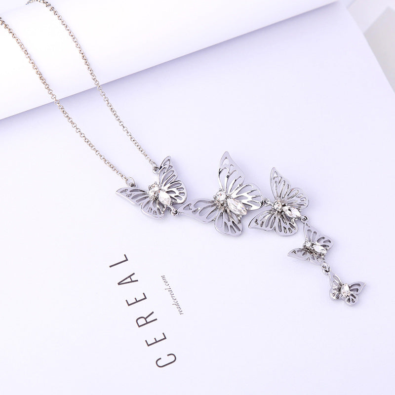 Silver Cute Butterfly Long Pendant Necklace