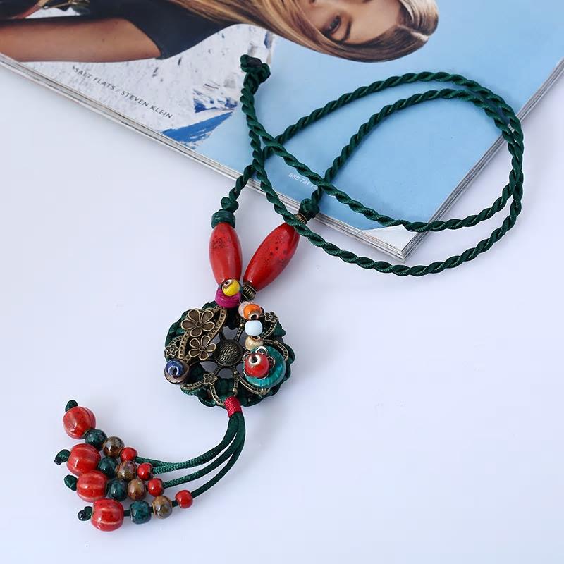 Ethnic Style Ceramic Chain Handmade Long Retro Necklace- Colors
