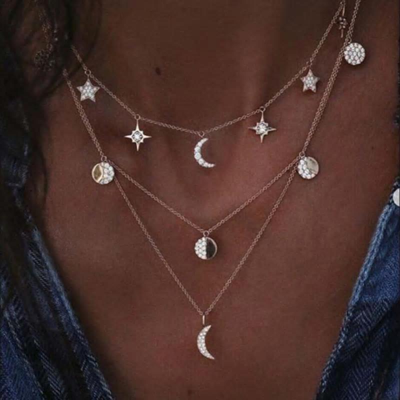 Bohemian Moon Star Rhinestone Pendant Necklace - [neshe.in]