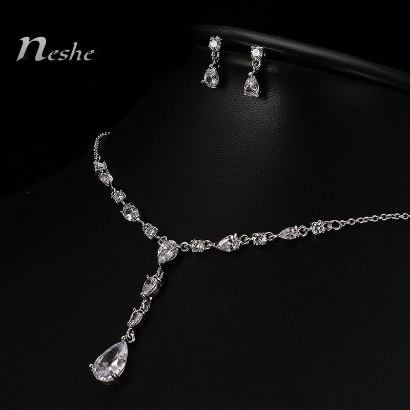 White CZ Crystal Water Drop Luxury Necklace Set - [neshe.in]