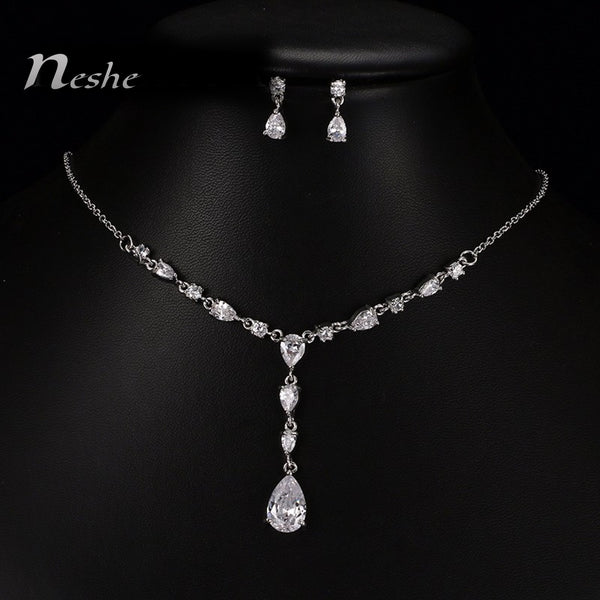 White CZ Crystal Water Drop Luxury Necklace Set - [neshe.in]
