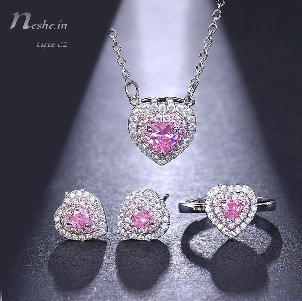 Heart Shape Pink CZ Crystal Necklace Earring Adjustable Ring Set