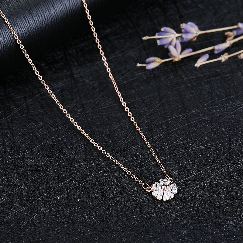Delicate Rose Gold CZ Crystal Geometric Flower Pendant Chain