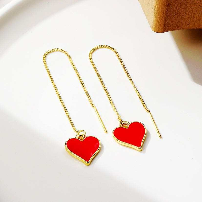 Thread Drop Enamel Red Heart Earring