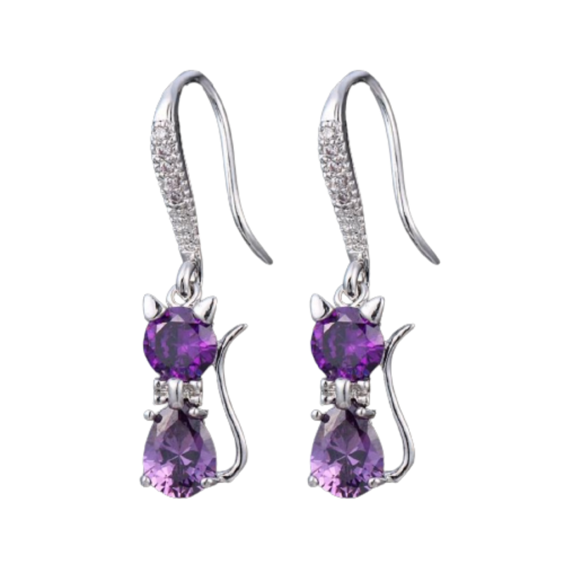 Cute Purple CZ Crystal Cat Drop Earring