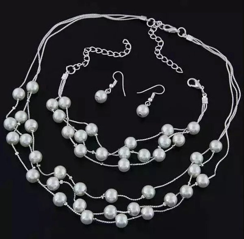 Simulated Pearls Double Multilayer Silver Pearls Necklace Set