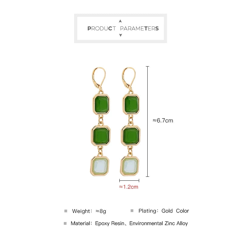 Long Light Green Square Pendant Drop Earrings
