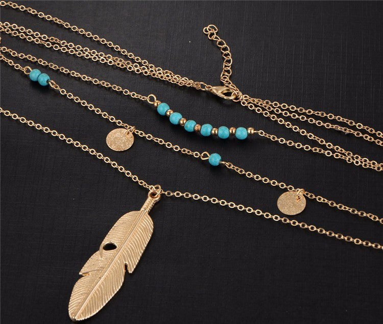 Multi Layer Leaf Chain Blue Stone Necklace - [neshe.in]