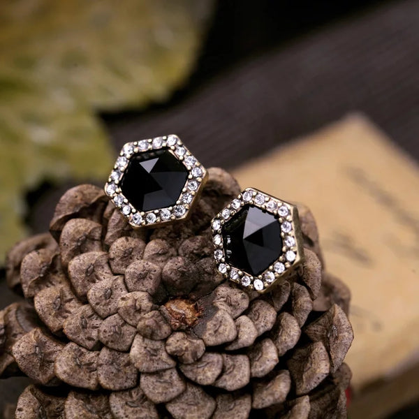 Antique Gold Color Dark Black Crystal Stud Earrings