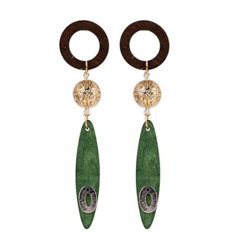 Ethnic Style Wood Tassel Circle Drop Earrings - 2 Colors (Green & Black) - [neshe.in]