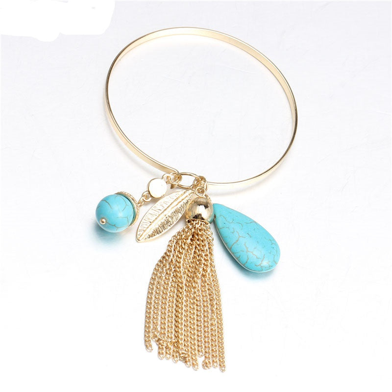 Gold Color Metal Chain Tassel Natural Stone Charms Bangle Bracelet - [neshe.in]