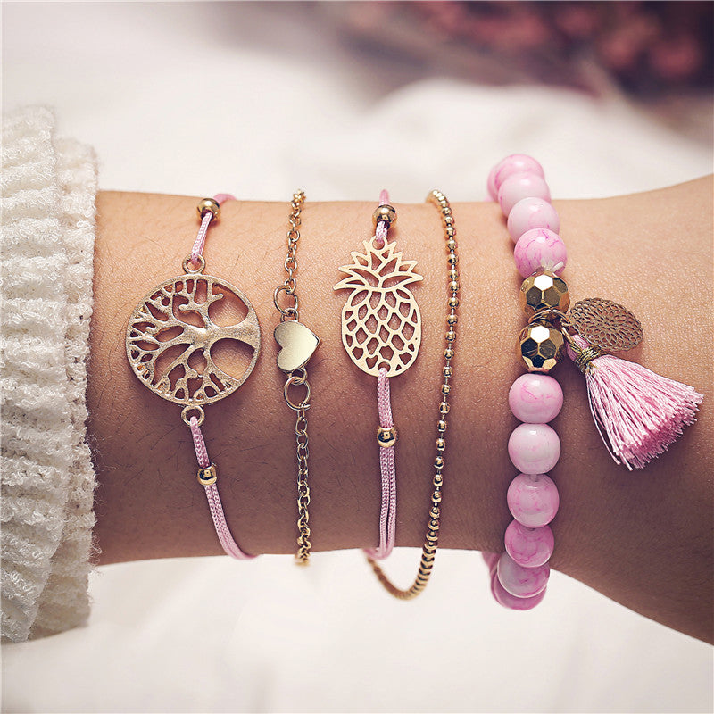 Bohemian Multilayer Pink Beaded Wish Tree Charm Bracelets - [neshe.in]