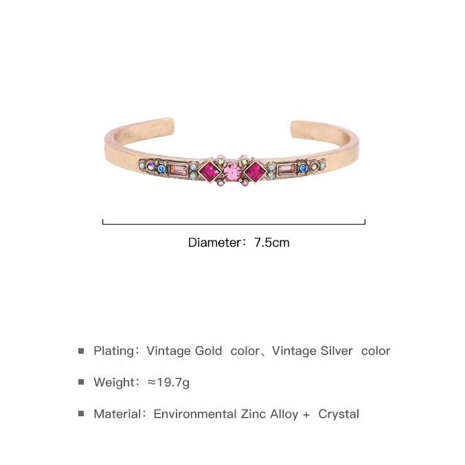 Antique Metal Colorful Crystals Open Cuff Bangle Bracelet - 2 Colors - [neshe.in]