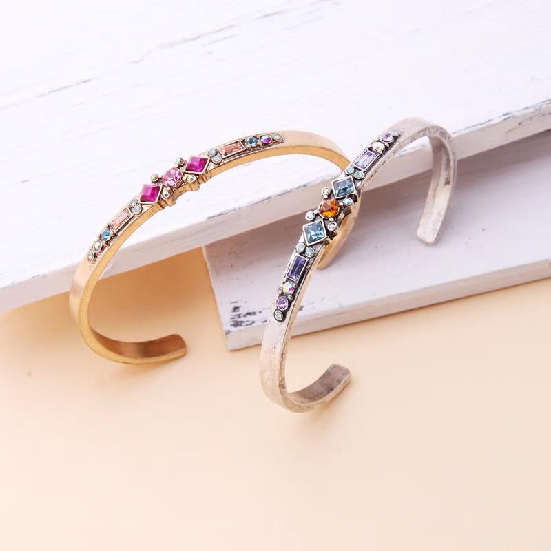 Antique Metal Colorful Crystals Open Cuff Bangle Bracelet - 2 Colors - [neshe.in]