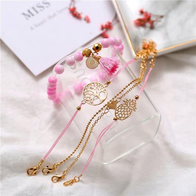 Bohemian Multilayer Pink Beaded Wish Tree Charm Bracelets - [neshe.in]