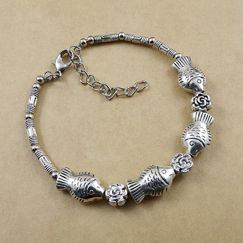 Fish and Flower Charm Tibetan Silver Vintage Bracelet – Neshe 