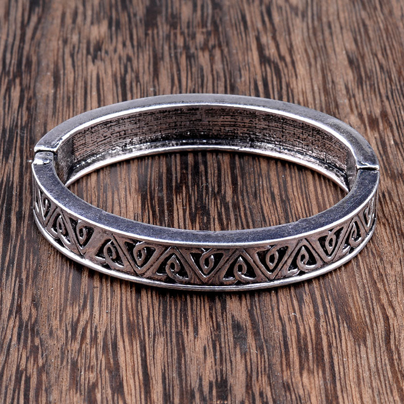Tibetan Silver Vintage Carved Geometric Cuff Bangle Bracelet - [neshe.in]