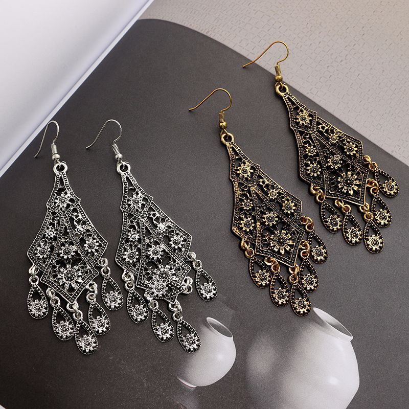 Ethnic Vintage Antique Look Carved Flower Long Dangle Earrings - 2 Colors - [neshe.in]