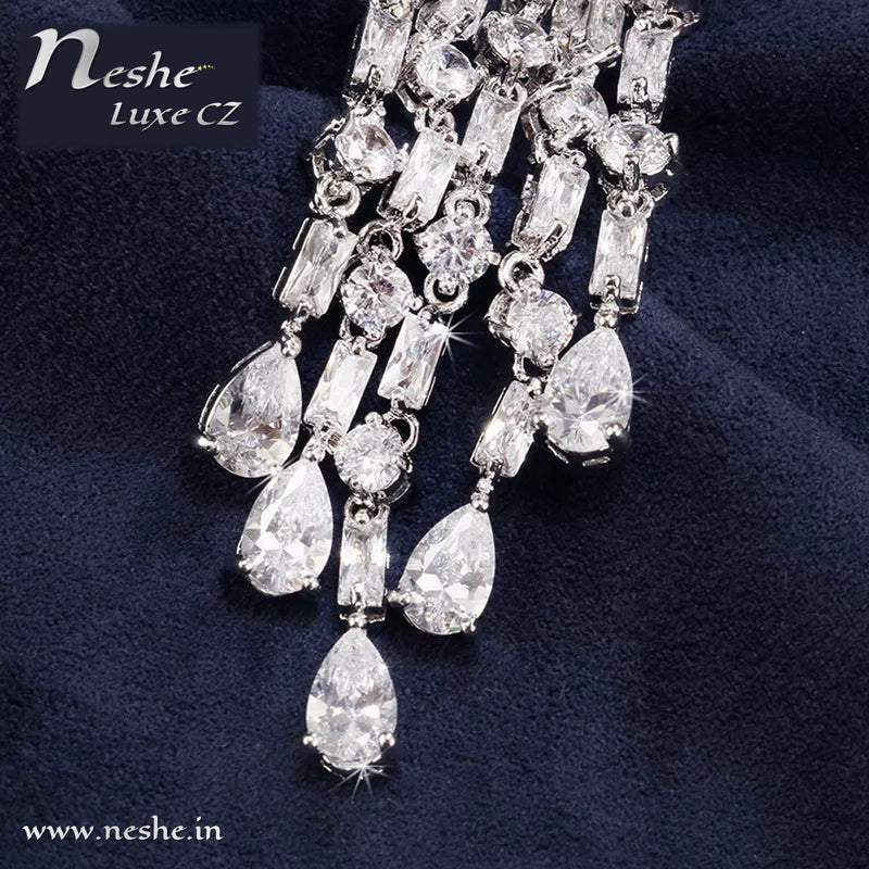 CZ Crystal Silver Statement Party Wedding Dangle Earring - [neshe.in]