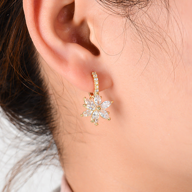 CZ Zircon Double Flower Shaped Huggy Hoop -6 Colors - [neshe.in]