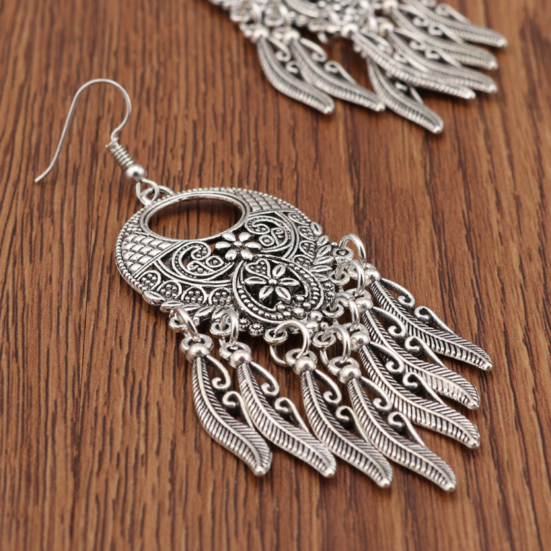 Vintage Silver Carved Leaves Tassel Drop Earrings - [neshe.in]