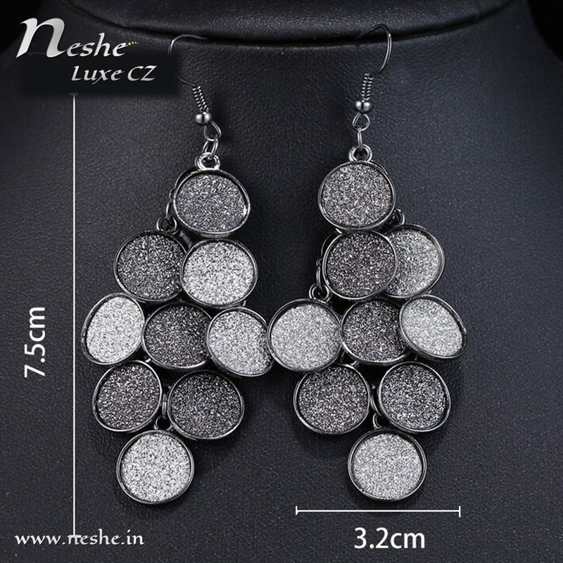 Shimmery Black Paved CZ Crystal Dangle Drop Coin Earrings