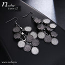 Shimmery Black Paved CZ Crystal Dangle Drop Coin Earrings