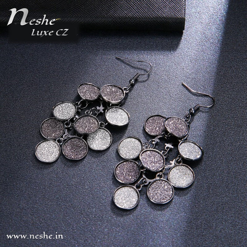 Shimmery Black Paved CZ Crystal Dangle Drop Coin Earrings