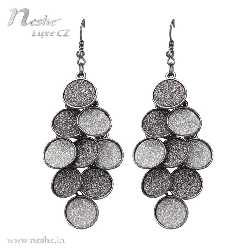 Shimmery Black Paved CZ Crystal Dangle Drop Coin Earrings