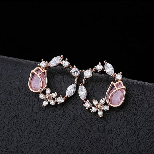 Pink CZ Tulip Rose Golden Sterling Silver Stud Earrings