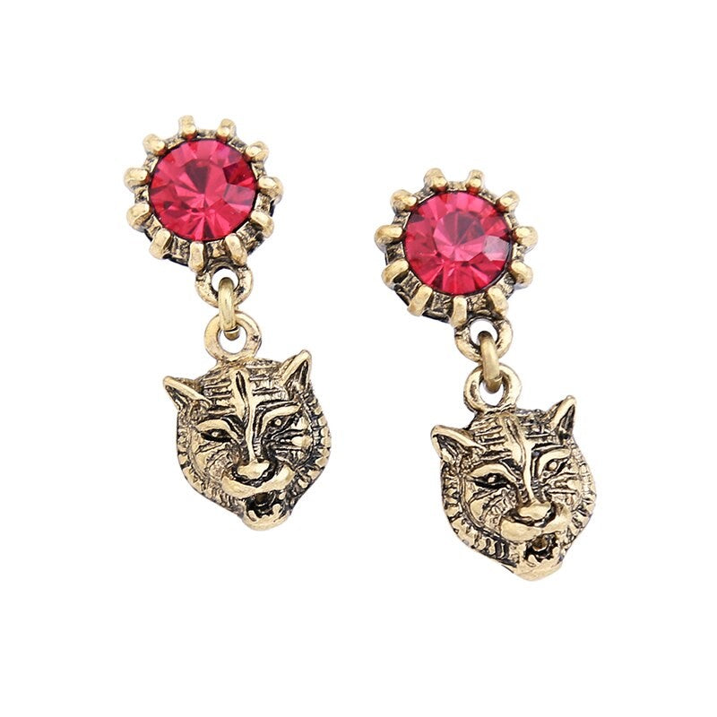 Antique Gold and Silver Tiger Head Drop Dangle Earrings - 2 Styles