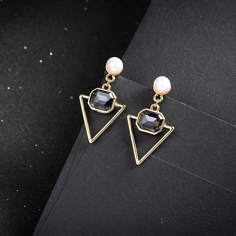 Triangle Crystal Geometric Pearl Stud Drop Earring