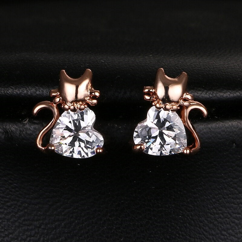 Small Rose Gold Heart CZ Sterling Silver Cat Stud Earring